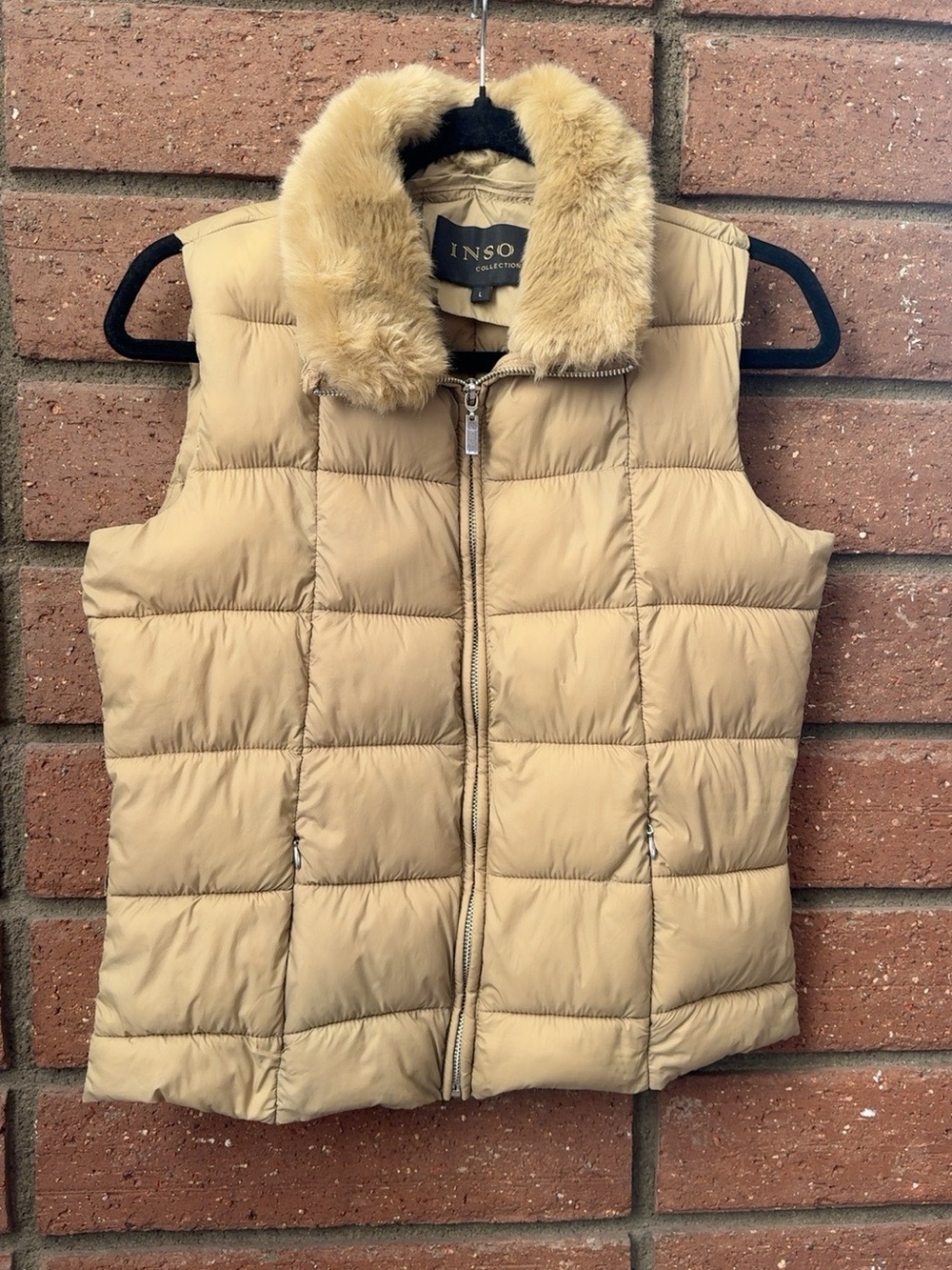 INSO Collection Kids L Beige Puffer Vest Faux Fur Collar Zip Pockets